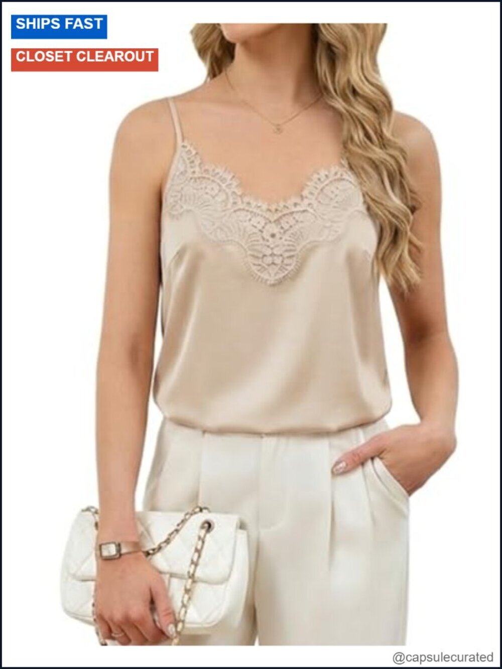 Silk Camisole Top with Adjustable Spaghetti Straps, V-Neck, Lace Trim